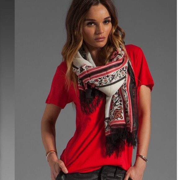 Alice Temperley  Nijinsky Wool Scarf Red Black Fringe Boho Floral Paisley Sarong - Picture 2 of 8